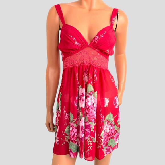 9Os Y2K Babydoll Slip Dress Women’s M Sheer Mini Red Floral Fairy Whimsigoth - Picture 3 of 14